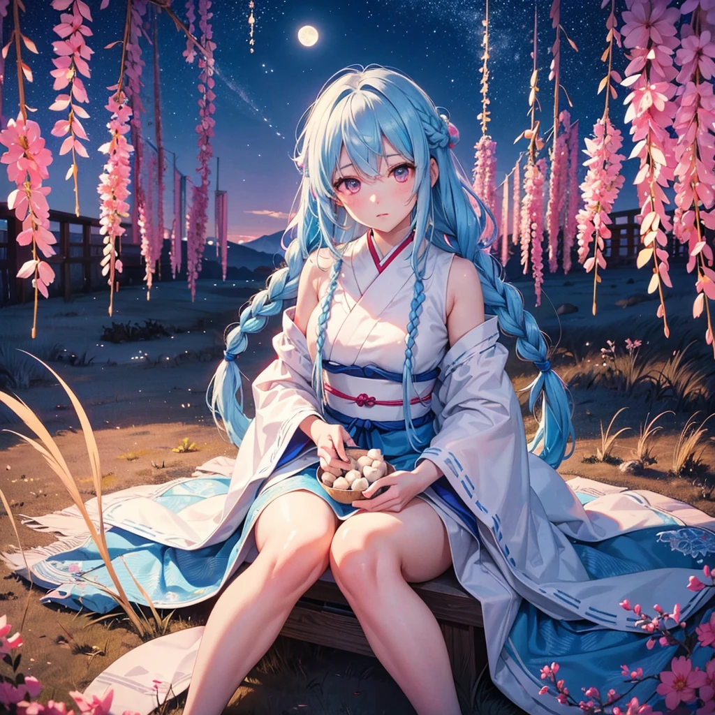 Sky blue hair, (1 braided hair), (Pink eyes),Fair skin)  ,(whole body),(One Girl),(White sweet dumplings ),Japanese pampas grass,(beautiful, Full moon shining in the night sky),(masterpiece, Highest quality, Very detailed, Best Shadow), (Detailed Background), (Beautifully detailed face), High Contrast, (Best lighting, Very delicate and beautiful), ((Cinematic Light)), colorful, Hyper Detail,8k, Dramatic Light, Intricate details,Sit down and eat dumplings