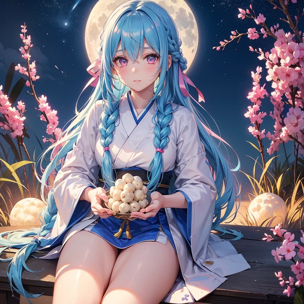 Sky blue hair, (1 braided hair), (Pink eyes),Fair skin)  ,(whole body),(One Girl),(White sweet dumplings ),Japanese pampas grass,(beautiful, Full moon shining in the night sky),(masterpiece, Highest quality, Very detailed, Best Shadow), (Detailed Background), (Beautifully detailed face), High Contrast, (Best lighting, Very delicate and beautiful), ((Cinematic Light)), colorful, Hyper Detail,8k, Dramatic Light, Intricate details,Sit down and eat dumplings