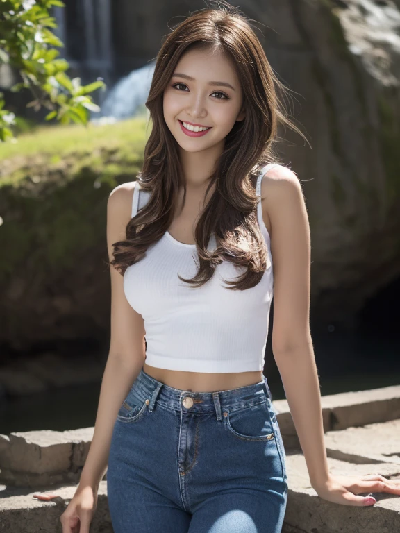 Highest quality, masterpiece, Ultra-high resolution, 8k, immature, (Like the picture:1.4), Professional Lighting, ((1 girl)), (Detailed Background:1.5), Waterfall Background, Ezvian Everywhere, thin, Dynamic pose, cute, Laughter, Small breasts, Detailed clothing, crop_wonderful, (Denim hot pants)、Denim wear、Dark brown long hair、