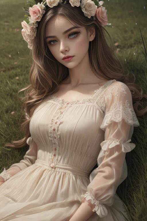 a beautiful delicate young girl,lolita fashion dress,laying in the rain wet grass,sensual body,intricate detailed face,large bright eyes,long eyelashes,rosy lips,pale skin,flower crown,cinematic lighting,dramatic moody atmosphere,cinematic composition,photorealistic,highly detailed,vibrant colors,masterpiece