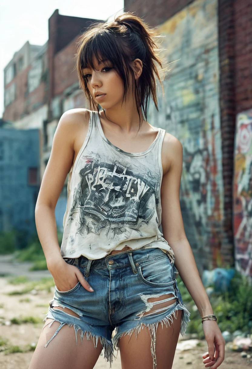 1girl, loose cut-off tank, tattered tight cut off jean shorts with fringe on the bottom, the bottom of perfect butt cheeks crest out the bottom, Random fashion poses, (front view),
Urban decay landscape , haze, ultra-detailed, film photography, light leaks, Larry Bud Melman, trending on artstation, sharp focus, studio photo, intricate details, highly detailed, by greg rutkowski