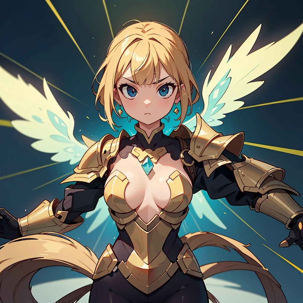 (Chibi character、Little、Ultra HD、Very detailed、Highest quality、Ultra Wide Angle、whole body、Correct body shaping、Detailed face、Concept Art、Acrobatic pose、Top view):2.0、(Close Combat Stance、Excessive number of objects、Excessive number of effects、Countless scattered objects、Dark knight-themed rococo-style gold-rimmed armor、A large gemstone in the center of the chest、Mechanical wings and tail:1.5、Bizarre asymmetrical armor、Neon glowing decorations):1.5