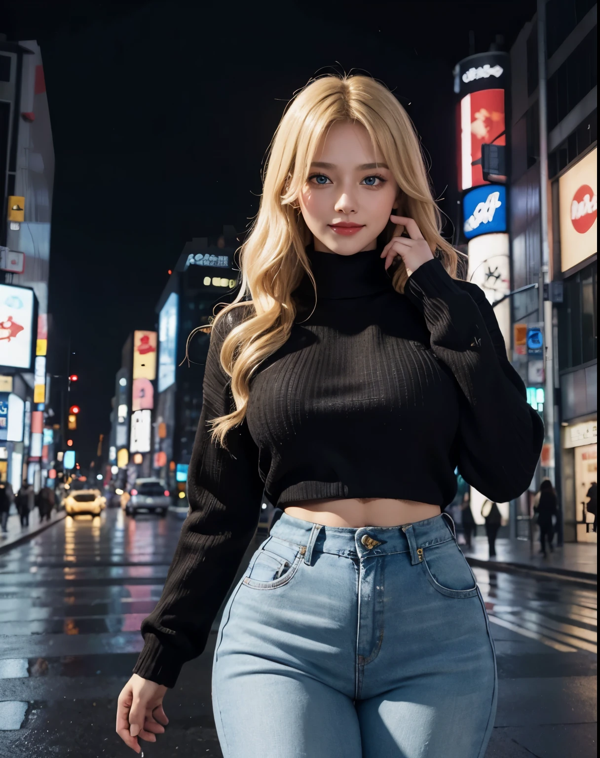 1girl, (Blue Eyes), (smiling :1.2), (Sana Minatozaki), wide hips, (big tits :1.2), (big ass), (thin waist), (thick thighs), (Best Quality, 8k, Masterpiece: 1.3), Clear Focus: 1.2, Perfect Body Beauty: 1.4, (strong abs), Highly detailed face and skin texture, detailed eyes, double eyelids, (toned body :1.2), red lips, (long blonde hair :1.2), ((black sweater :1.2)), (jeans :1.1), standing, dynamic pose, in a Tokyo neighborhood at night, buildings with colorful signs, wet street