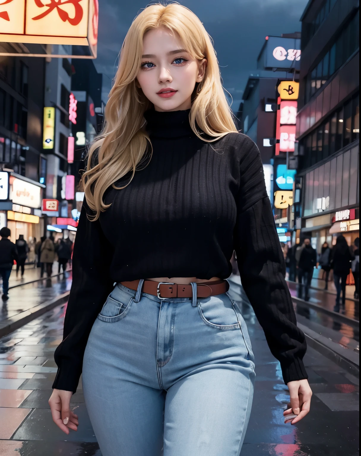 1girl, (Blue Eyes), (smiling :1.2), (Sana Minatozaki), wide hips, (big tits :1.2), (big ass), (thin waist), (thick thighs), (Best Quality, 8k, Masterpiece: 1.3), Clear Focus: 1.2, Perfect Body Beauty: 1.4, (strong abs), Highly detailed face and skin texture, detailed eyes, double eyelids, (toned body :1.2), red lips, (long blonde hair :1.2), ((black sweater :1.2)), (jeans :1.1), standing, dynamic pose, in a Tokyo neighborhood at night, buildings with colorful signs, wet street