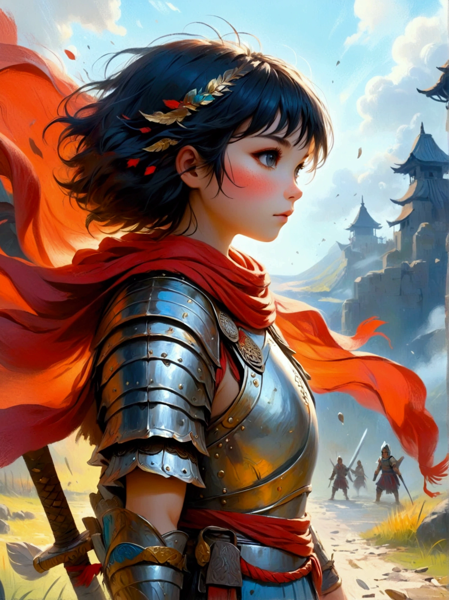 Create a digital painting that portrays a brave warrior, symbolizing the battle of health. Use bold and vibrant colors to enhance the whimsical and vivacious feel, typical of children's design. The warrior should be seen in dynamic poses, drawing inspiration from comic books. The painting should embody the essence of perseverance and strength with energetic brushstrokes. Remember to capture the child-friendly design and translate it into the language of a brave warrior fighting their battle, thus making health an accessible concept to the young.