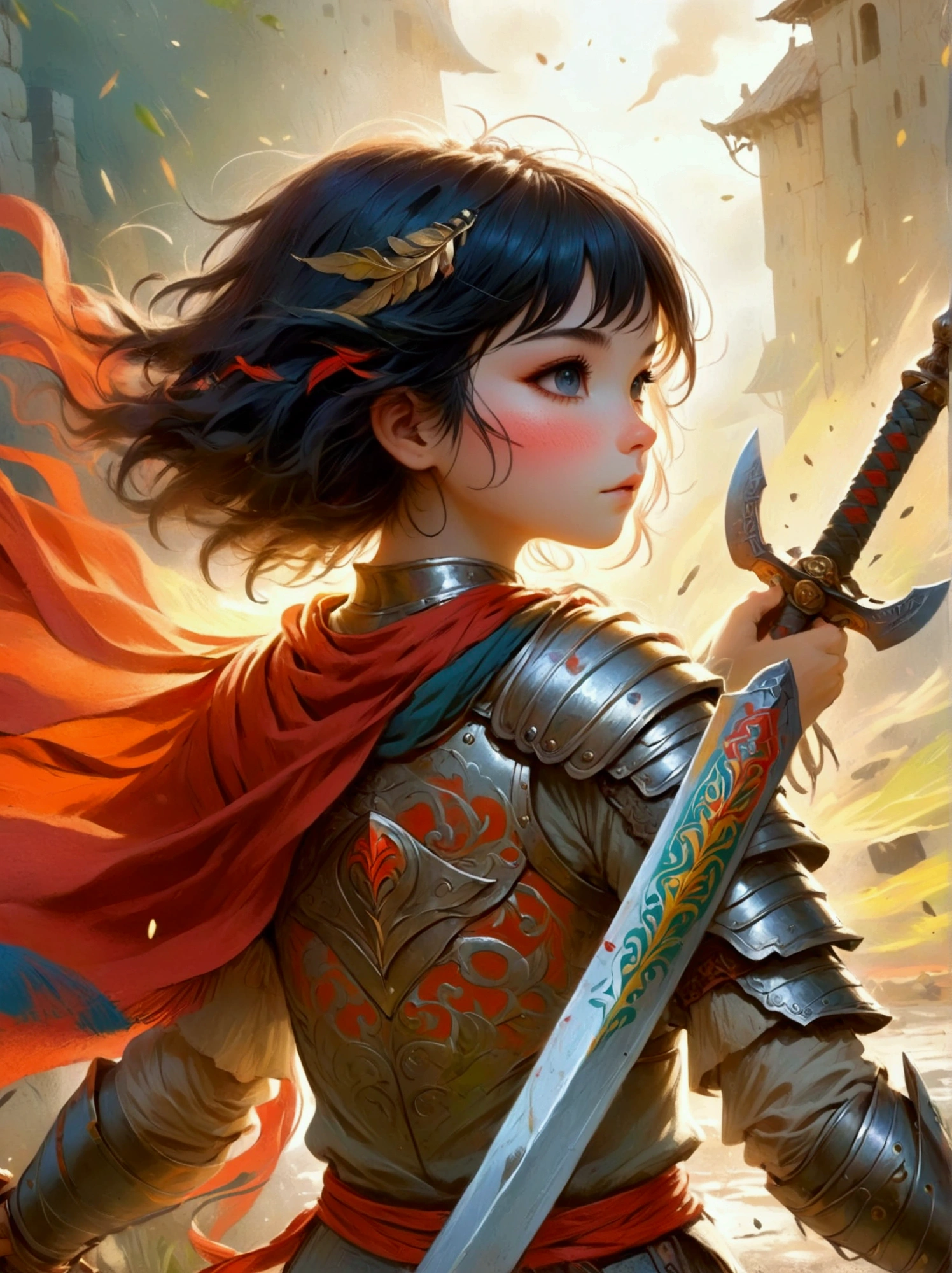 Create a digital painting that portrays a brave warrior, symbolizing the battle of health. Use bold and vibrant colors to enhance the whimsical and vivacious feel, typical of children's design. The warrior should be seen in dynamic poses, drawing inspiration from comic books. The painting should embody the essence of perseverance and strength with energetic brushstrokes. Remember to capture the child-friendly design and translate it into the language of a brave warrior fighting their battle, thus making health an accessible concept to the young.