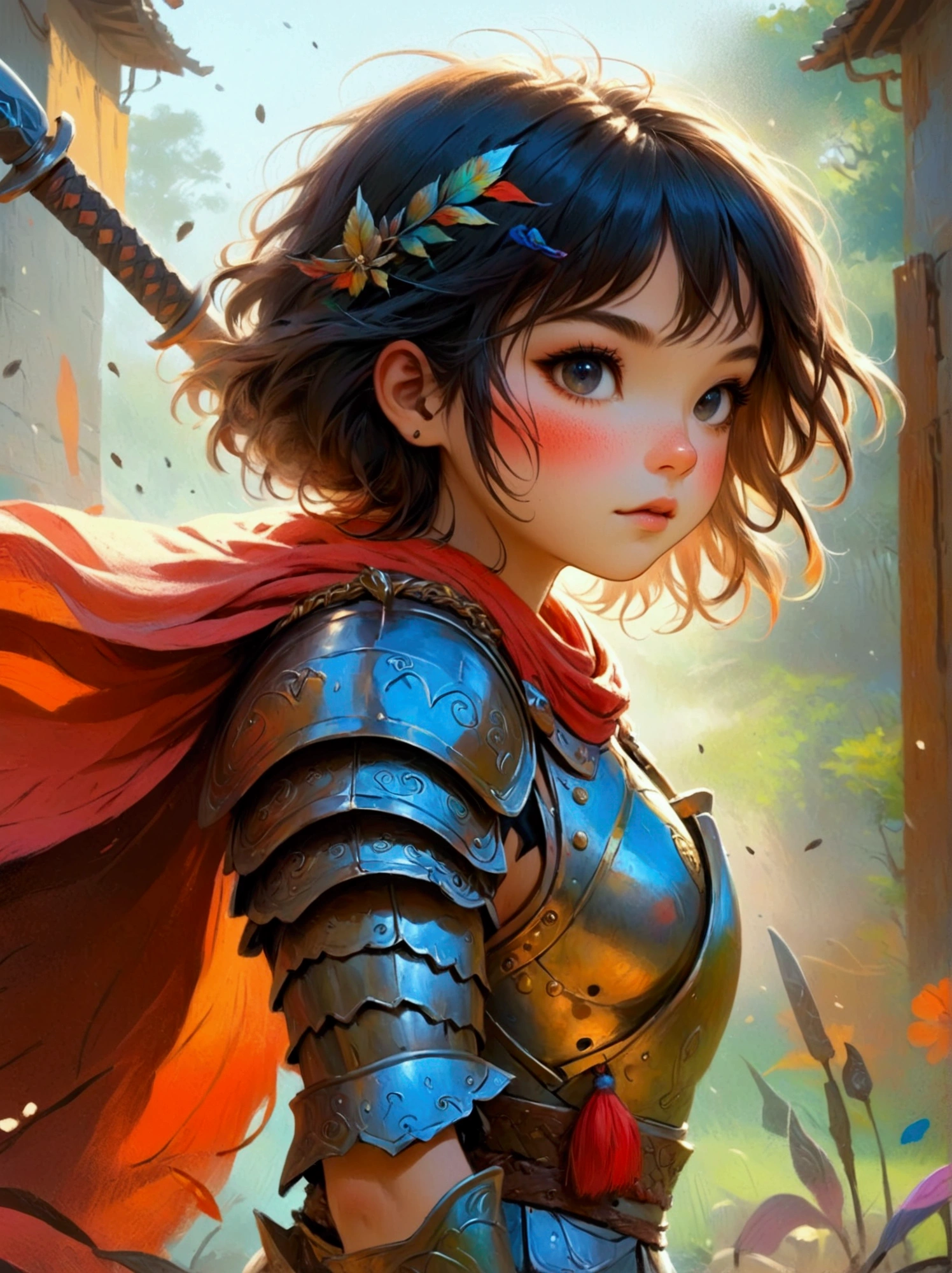 Create a digital painting that portrays a brave warrior, symbolizing the battle of health. Use bold and vibrant colors to enhance the whimsical and vivacious feel, typical of children's design. The warrior should be seen in dynamic poses, drawing inspiration from comic books. The painting should embody the essence of perseverance and strength with energetic brushstrokes. Remember to capture the child-friendly design and translate it into the language of a brave warrior fighting their battle, thus making health an accessible concept to the young.