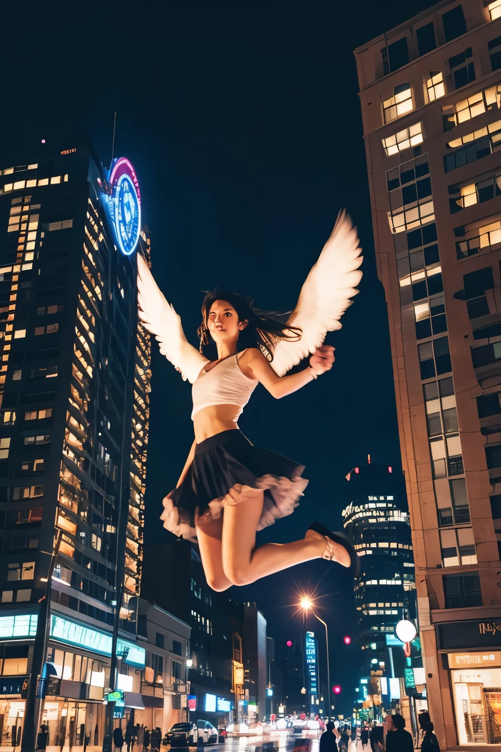 Beautiful girl flying in the night downtown