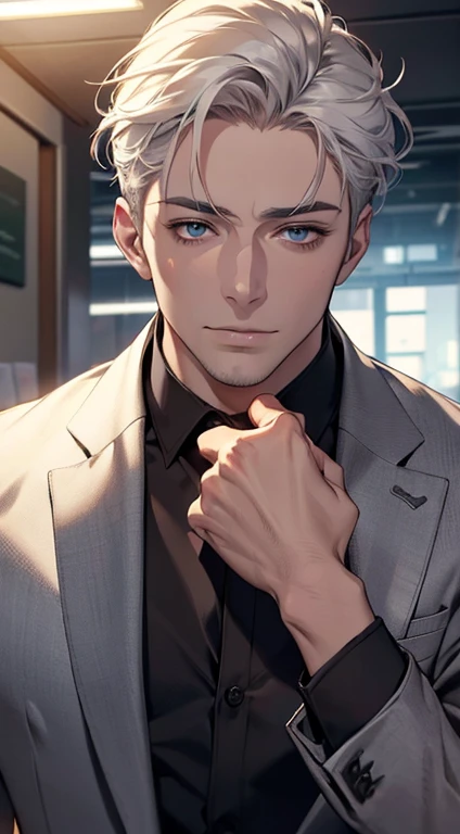 (best quality,4k,8k,highres,masterpiece:1.2),ultra-detailed,(realistic,photorealistic,photo-realistic:1.37),1 man,31 years old,mature man,very handsome,without expression,smile,short grey white hair,blue eyes,penetrating gaze,perfect face without errors,imposing posture,businessman,office background,cinematic lighting,hdr image