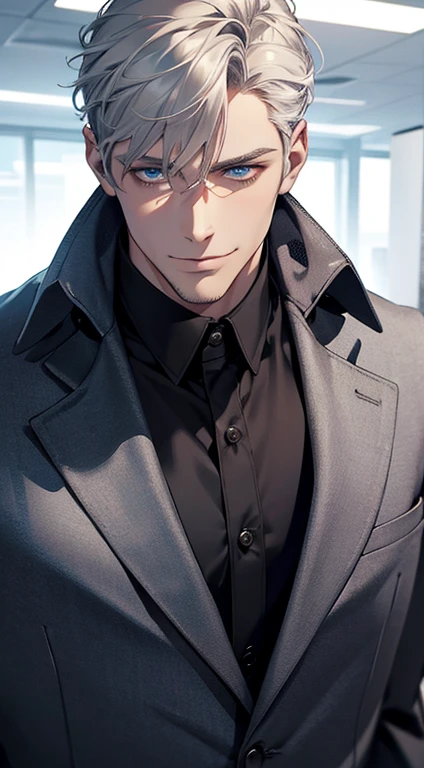 (best quality,4k,8k,highres,masterpiece:1.2),ultra-detailed,(realistic,photorealistic,photo-realistic:1.37),1 man,31 years old,mature man,very handsome,without expression,smile,short grey white hair,blue eyes,penetrating gaze,perfect face without errors,imposing posture,businessman,office background,cinematic lighting,hdr image