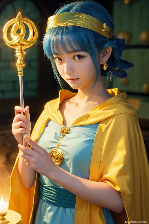 A 16 years old japanese girl,(DragonQuest,sage,(dq3:1.0),healing Magician,White Holy Cloth,golden head ring,staff of enlightenment:1.5),beautiful detailed eyes,beautiful detailed lips,extremely detailed face and eyes,long eyelashes,cutie smile,fantasy,medieval,magic,medieval castle,landscape,art,digital painting,cinematic lighting,vibrant colors,dramatic lighting,realistic,photogenic,masterpiece,4k,best quality