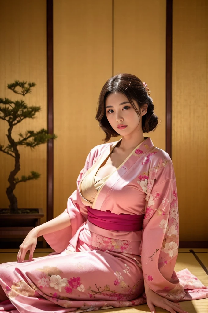 big bust、pink kimono、Cinematic atmosphere、Professional Composition、natural body、fancy,sitting in front of a golden screen、ikebana、tatami、looking at the camera、really
