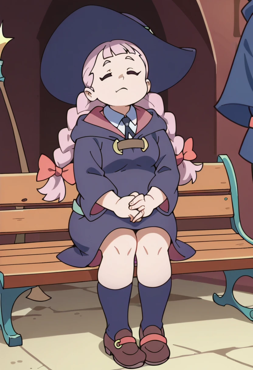 score_8_up, score_7_up, anime screencap, perfection,  Jasminka Antonenko, solo, full body, sitting on bench, witch academia uniform, witch hat, chubby, 