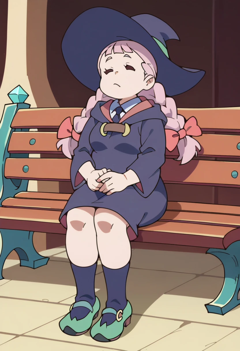 score_8_up, score_7_up, anime screencap, perfection,  Jasminka Antonenko, solo, full body, sitting on bench, witch academia uniform, witch hat, chubby, 