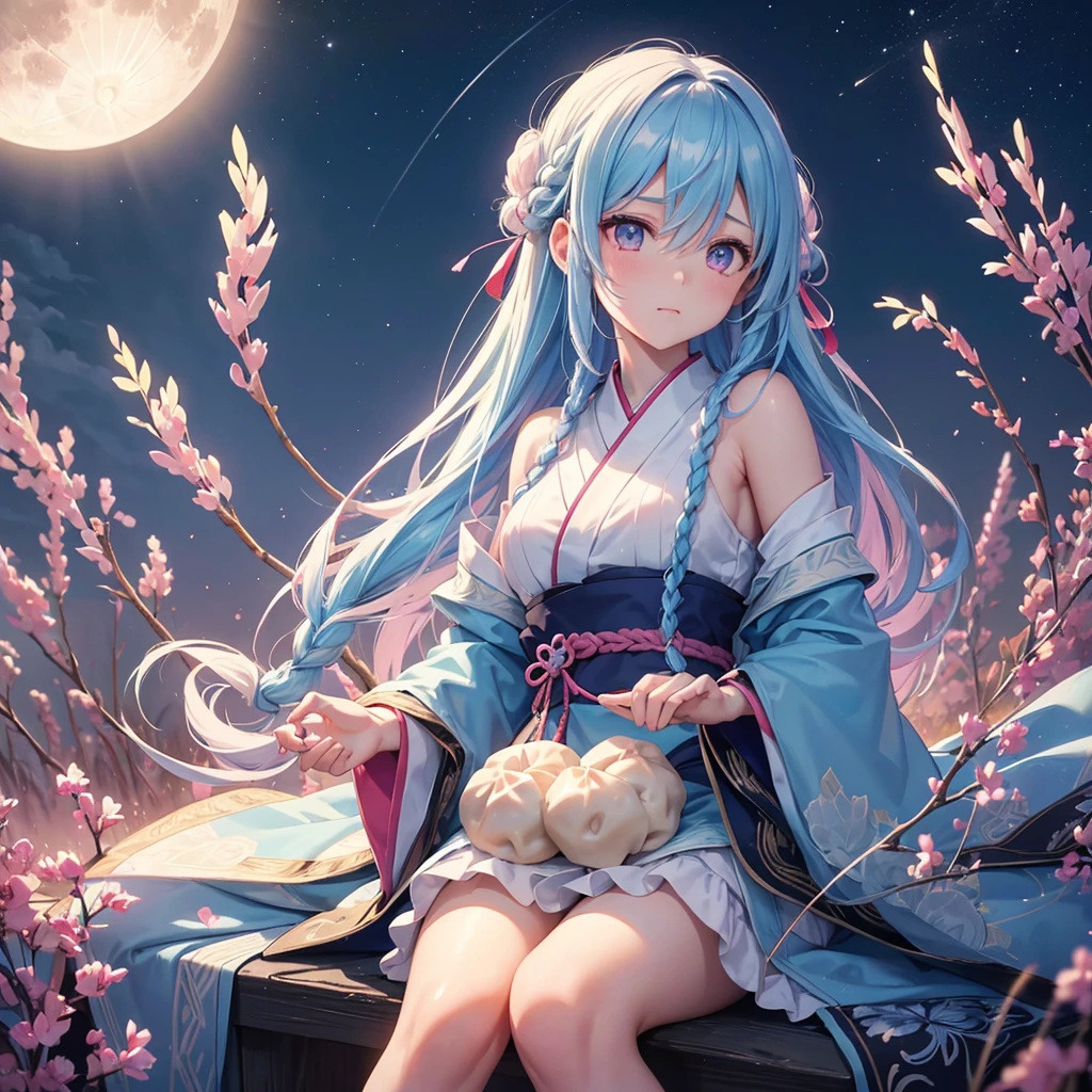 Sky blue hair, (1 braided hair), (Pink eyes),Fair skin) ,(whole body),(One Girl),(White sweet dumplings ),Japanese pampas grass,(beautiful, Full moon shining in the night sky),(masterpiece, Highest quality, Very detailed, Best Shadow), (Detailed Background), (Beautifully detailed face), High Contrast, (Best lighting, Very delicate and beautiful), ((Cinematic Light)), colorful, Hyper Detail,8k, Dramatic Light, Intricate details,Sit down and eat dumplings
