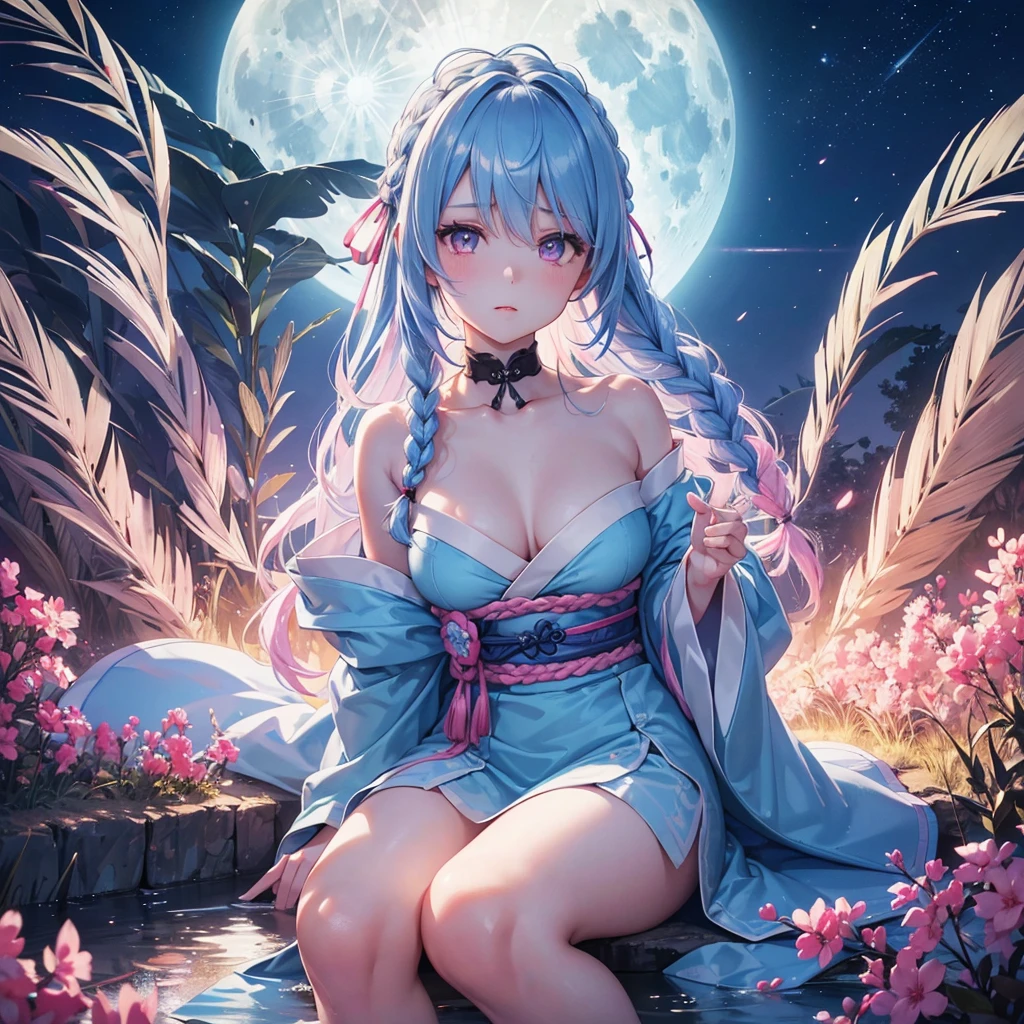 Sky blue hair, (1 braided hair), (Pink eyes),Fair skin)  ,(whole body),(One Girl),(White sweet dumplings ),Japanese pampas grass,(beautiful, Full moon shining in the night sky),(masterpiece, Highest quality, Very detailed, Best Shadow), (Detailed Background), (Beautifully detailed face), High Contrast, (Best lighting, Very delicate and beautiful), ((Cinematic Light)), colorful, Hyper Detail,8k, Dramatic Light, Intricate details,Sit down and eat dumplings