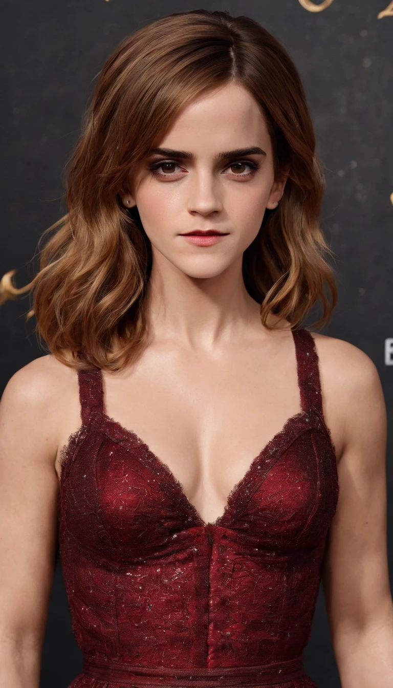 (Emma Watson) red cleavage sexy dress, long hair, big breast:1.5, fight in Harry Potter movie, fire.