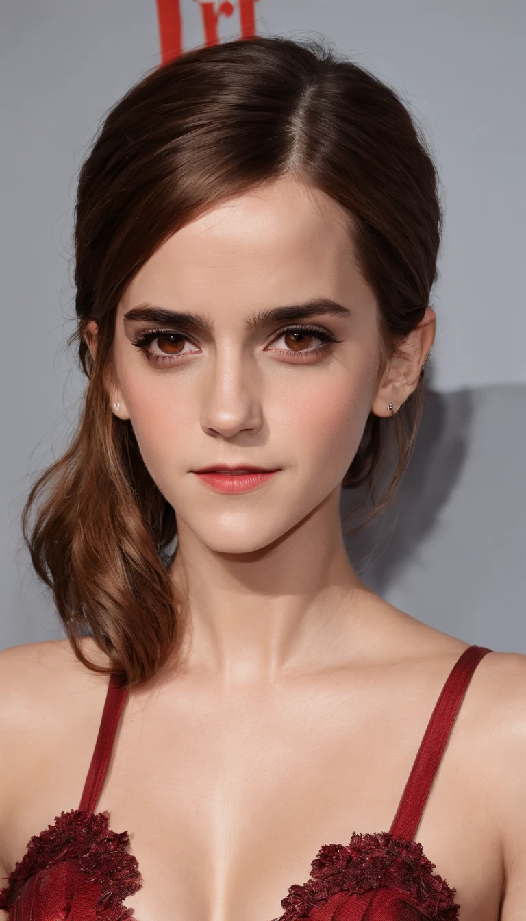 (Emma Watson) red cleavage sexy dress, long hair, big breast:1.5, fight in Harry Potter movie, fire.