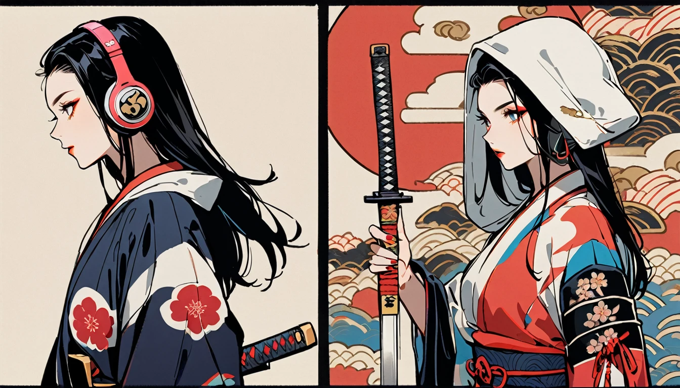 (((1 girl))), (((Flashy makeup))), (((Japanese style headphones))), (((Japanese pattern hoodie))), (((Japanese sword))), (((Female samurai))), Japanese beautiful girl, Black Hair, Delicate and precise, Modern ukiyo-e style, Japanese flag, red and blue neon