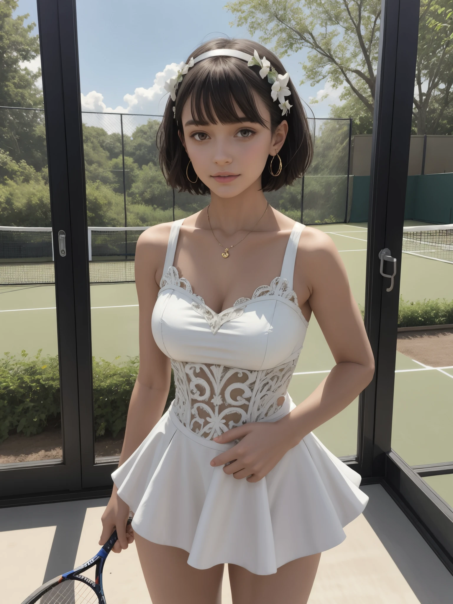 1girl, fitted bodice tennis dress, flared skirt, hand on chest, detailed face, (looking at viewer:1.4), head tilt, layered pixie haircut, thighs, indoors tennis court, (, cute:1.3), (breasts:1.2), ((best quality, masterpiece:1.2), (best illustration), (extremely detailed illustration), (intricate white clothing theme:1.2), leotard, meme attire, bikini, earrings, hoop earrings, jewelry, strapless bikini, swimsuit, necklace, swimsuit, one-piece, forest green, earthy brown, woodland theme, leaf accents, bikini bottom detailing, leafy hair accessories, nature-inspired, forest nymph, enchanted forest, fantasy fashion, silk leaves, fabric leaves, rustic look, magical essence:0.8),