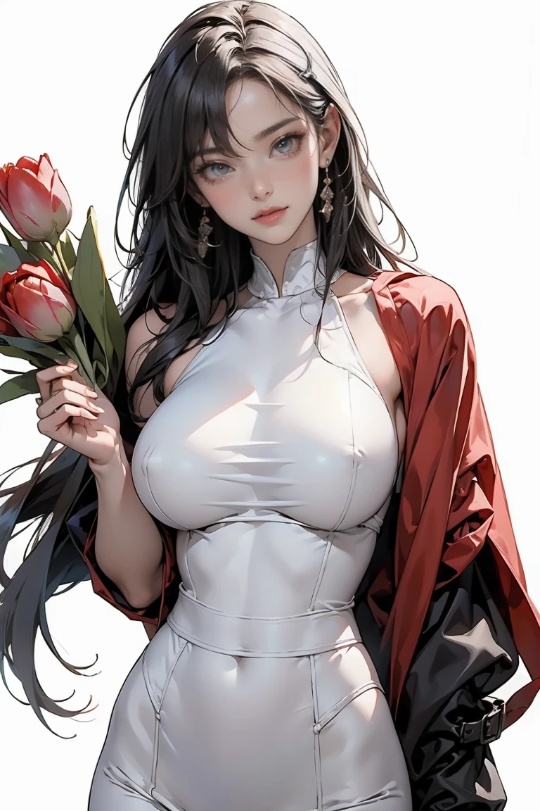 (simple background, white background:2.0), ((masterpiece, top quality, high resolution, highly detailed CG unified 8K wallpaper)), (huge stunning goddess shot, very hot and sexy, jaw dropping beauty, perfect proportions, beautiful body, slim body beauty:1.3), (bouquet of red tulips, holding bouquet of red tulips:1.3), 