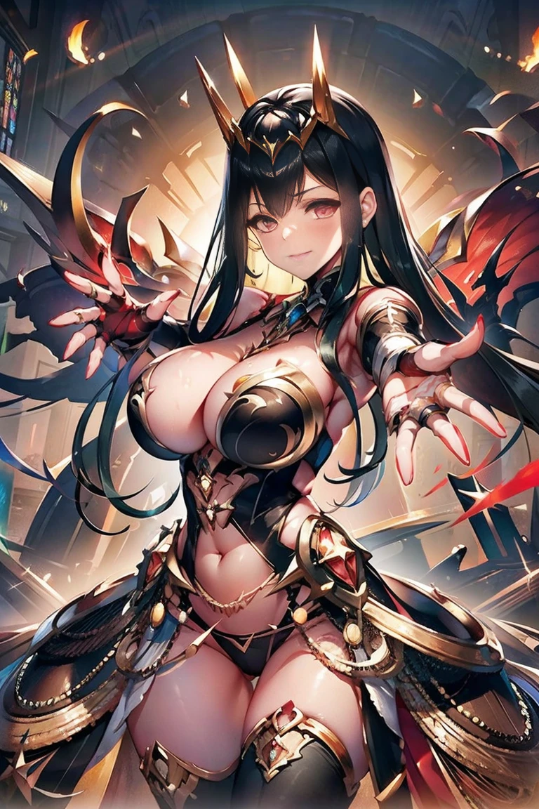 (((outstretched hands, out stretched fingers, outstretched fingers))) black hair, bare shoulder, red eyes, very long hair, cleavage, large breasts, dress, showgirl skirt, high-leg, cleavage cutout, tiara, bare thighs, gauntlets, bare shoulder, bare nails, bare fingers, bare hands, good hands, best hands, Correctly aligned fingers, extremely detailed hands and fingers, ultra detailed hands and fingers, super detailed hands and fingers, perfect female hands and fingers, biologically accurate hands and fingers, 4 fingers and 1thumb accurate hands and fingers, beautiful hands and fingers, hands and fingers drawing, human hand and fingers, perfect arrangement of fingers, detail focus hands, perfection hands, better hands, adult face, fearless face, both arms, two arms, both hands, two hands, super fine illustration, masterpiece, masterwork, by famous artist, official art, ultra high res, best quality, high quality, Hand, detailed, perfect, perfection , hands, both hands is Thumb and index finger and middle finger and ring finger and little finger, even hands, panties, thighhighs, symmetrical bangs, gleaming skin, oil skin, shiny skin, wet skin, sweat, rouge, exquisite, beautiful,cg unity 8k wall paper, perfect face, ultra detailed beautiful face, perfect nose, perfect mouth, clear eyes, light eyes, perfect eyes, symmetrical eyes, even eyes, 16k, absurdres, perfect body, perfect anatomy, perfect proportion, perfect arms, perfect torso, symmetrical hands, symmetrical arms, reaching down fingers, reaching down arms, reaching down hands, spread fingers,
