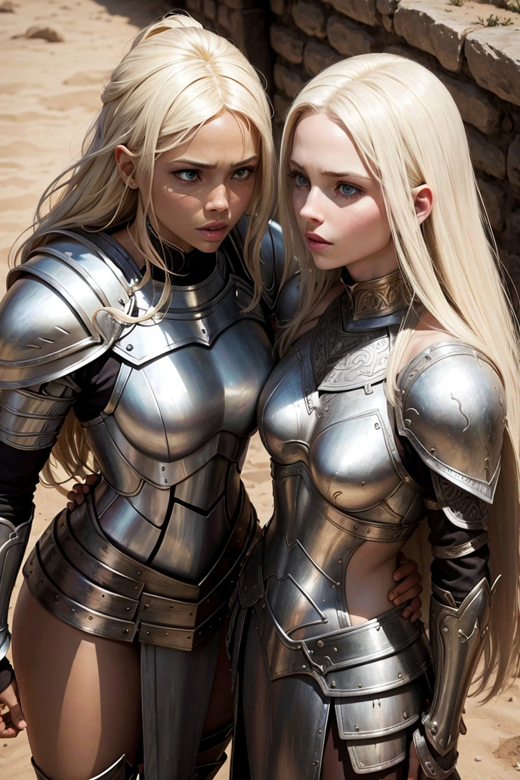 White Womans blond in armor in african fight sword vs african Womans