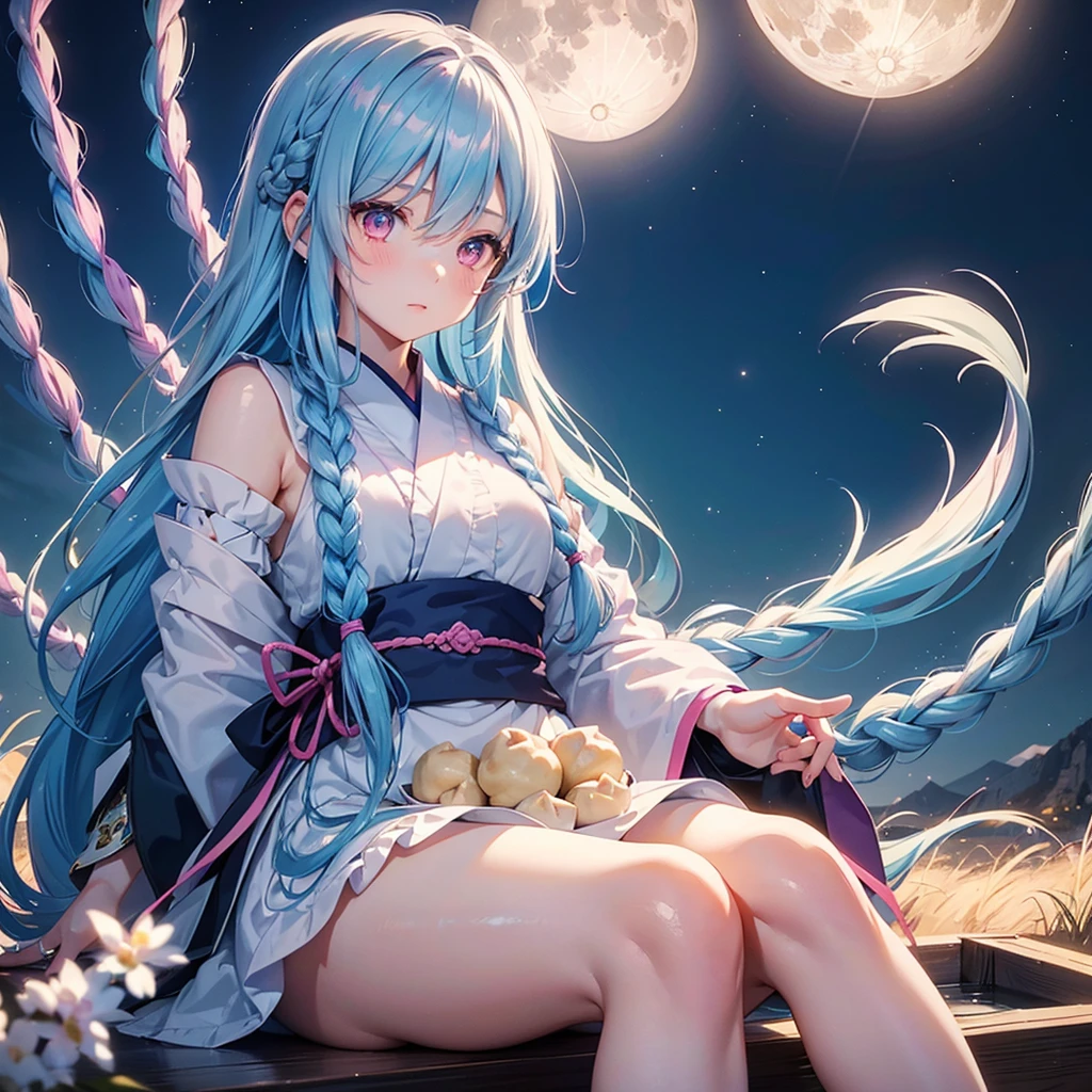 Sky blue hair, (1 braided hair), (Pink eyes),Fair skin) ,(whole body),(One Girl),(White sweet dumplings ),Japanese pampas grass,(beautiful, Full moon shining in the night sky),(masterpiece, Highest quality, Very detailed, Best Shadow), (Detailed Background), (Beautifully detailed face), High Contrast, (Best lighting, Very delicate and beautiful), ((Cinematic Light)), colorful, Hyper Detail,8k, Dramatic Light, Intricate details,Sit down and eat dumplings