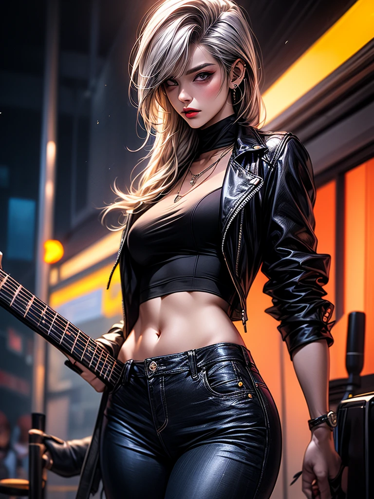 (masterpiece:1.2), best quality,midjourney,
solo, jewelry, hair ornament, looking at viewer, black background, 1girl, long hair, blue eyes, upper body,, necklace, jacket, closed mouth, floral print, bangs, blonde hair, white hair, makeup, piercing, Dynamic portraits, cool woman, 1woman, Japanese, A stunning intricate full color portrait of (sks woman:1), wearing a black leather jacket, biker, rocker, smoking cigarette, pants, cool girl, dark plain background, epic character composition, masterpiece, best quality, realistic, 1woman, woman focus, tall fit, cool, [thin eyebrows:0.5], smile, sexy, portrait, extremely detailed face, black hair, slim waist, slightly thin, full body, Japanese, dynamic pose, rockers, rock, guitarist, holds guitar, plays guitar rock concert, leather jacket