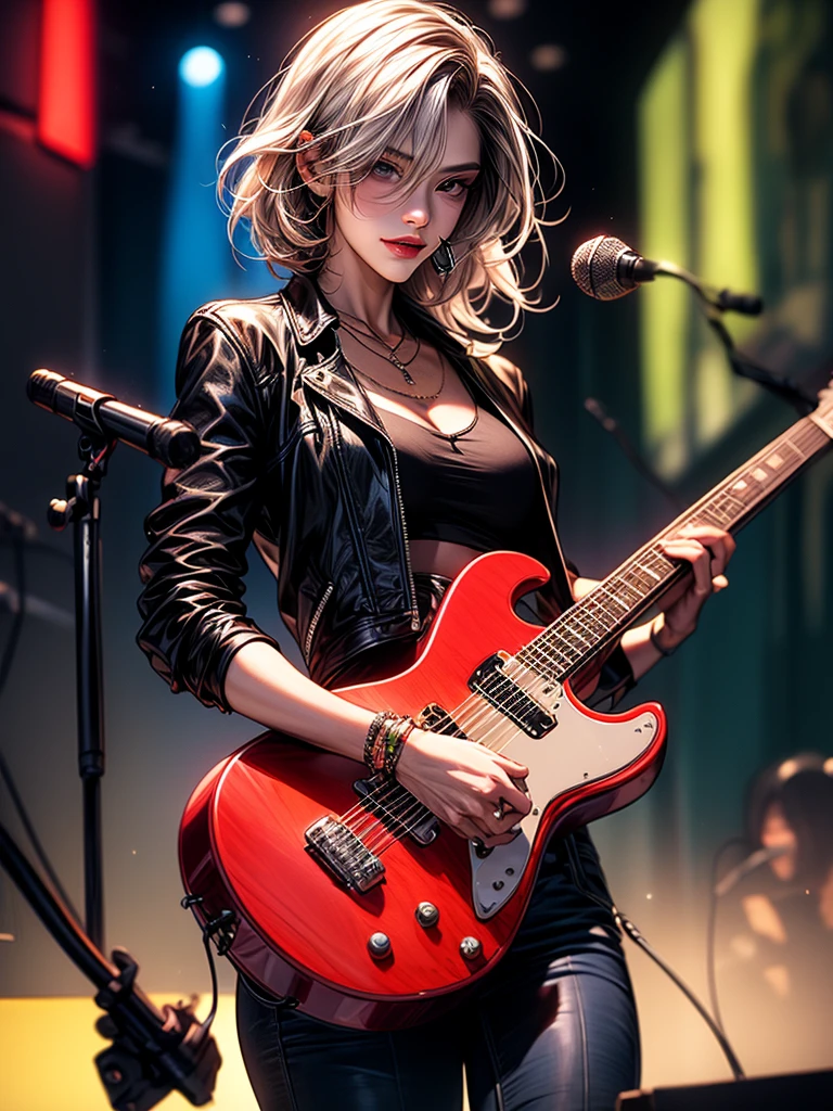 (masterpiece:1.2), best quality,midjourney,
solo, jewelry, hair ornament, looking at viewer, black background, 1girl, long hair, blue eyes, upper body,, necklace, jacket, closed mouth, floral print, bangs, blonde hair, white hair, makeup, piercing, Dynamic portraits, cool woman, 1woman, Japanese, A stunning intricate full color portrait of (sks woman:1), wearing a black leather jacket, biker, rocker, smoking cigarette, pants, cool girl, dark plain background, epic character composition, masterpiece, best quality, realistic, 1woman, woman focus, tall fit, cool, [thin eyebrows:0.5], smile, sexy, portrait, extremely detailed face, black hair, slim waist, slightly thin, full body, Japanese, dynamic pose, rockers, rock, guitarist, holds guitar, plays guitar rock concert, leather jacket