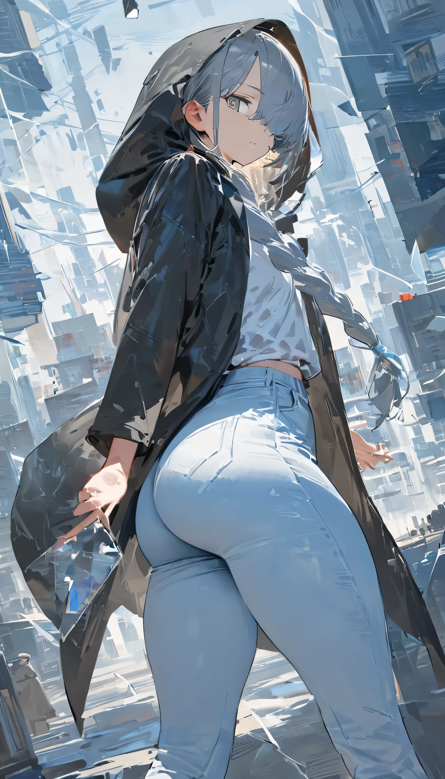 Top-quality,Masterpiece,Best quality,Very aesthetic,Absurdres,Ultra detailed,High resolution,8k,Super fine illustration,Detailed lighting,Detile background,Cowboy shot,Dutch angle,Denoise,
Cinematic,Dynamic angle,Full body,
Impasto,Prism style,Broken world,Broken glass effect,Broken glass background,
1girl,Solo,(:1.3),
(Hood up:1.2),(Black raincoat:1.5),(Big hood:1.3),(White shirt:1.2),(Jeans:1.3),(Black sneakers:1.3),
(Gray eyes),(Glass eyes:1.3),(Gauze on face:1.3),
(Gray hair:1.3),(Long hair),(Long braided pigtail),(Sideburns),(Long sideburns:1.5),(Hair over one eye:1.3),
(Flat chests),(Beautiful ass),Thick thighs,Wide hips,Skinny waist,Curvy,
Half opened eyes,Expressionless,Looking at viewer,
(Glass),Wearing Glass,Futuristic City,Light blue theme,Backlight,Warm tones,Tranquil