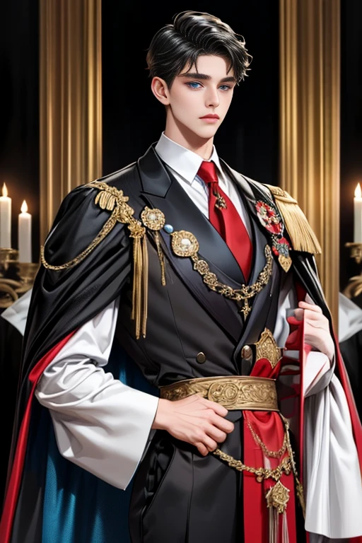 
masterpiece, 最high quality, high quality, 1 boy, alone, Male focus, Watching the audience,  Messy black hair, Adorable big blue eyes, White, Noble, Noble,A sexy, voluminous, puffy cape、tuxedo、A very voluminous, large, very large, very large, long, long red and black cape with a high stand-up collar, made of a lot of fabric that reaches down to the floor., 17 years old,Cute beautiful boys,Cute, cute, kind, handsome guy