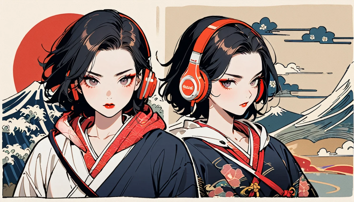 (((1 girl))), (((Flashy makeup))), (((Japanese style headphones))), (((Japanese pattern hoodie))), (((Japanese sword))), (((Female samurai))), Japanese beautiful girl, Black Hair, Delicate and precise, Modern ukiyo-e style, Japanese flag, battle style