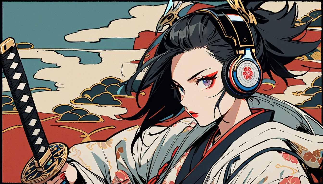 (((1 girl))), (((Flashy makeup))), (((Japanese style headphones))), (((Japanese pattern hoodie))), (((Japanese sword))), (((Female samurai))), Japanese beautiful girl, Black Hair, Delicate and precise, Modern ukiyo-e style, Japanese flag, battle style
