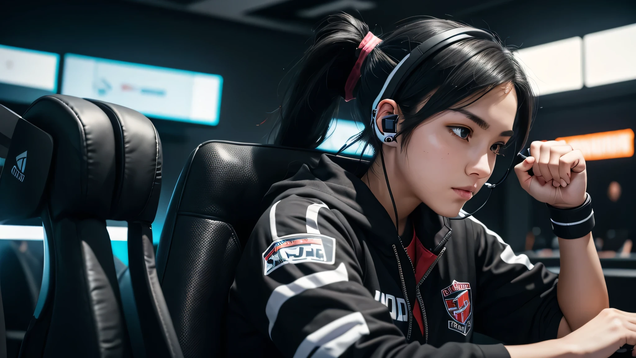 Gamer girl, black hair, ponytail, sitting in gaming chair, using headset, tournament Atmosphere, facing away, fist bump her teammate, best quality, 8k, ultra realistic