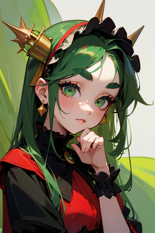 (Highest quality, masterpiece:1.2), High resolution, Very detailed, Realistic:1.37, Fantasy, An illustration, Green Eyes、Queen, Red and green swimsuit、Platinum decoration、beautifully、Eyeshadow Red、Thick eyebrows、Long eyelashes、pupils are black、Her hair is dark green、Gold crown、Kissing Face、Embarrassing、Beloved by the crowd、Hair is green、Braiding、hair ornaments、Laugh gently、From the waist up、((Gothic Lolita)).