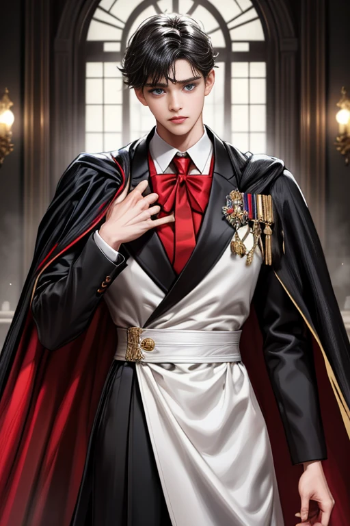 
masterpiece, 最high quality, high quality, 1 boy, alone, Male focus, Watching the audience,  Messy black hair, Adorable big blue eyes, White, Noble, Noble,A black and red cape that is bursting with sexy volume、Tuxedo、A very voluminous, large, very large, very large, long, long red and black cape with a high stand-up collar, made of a lot of fabric that reaches down to the floor., 17 years old,Cute beautiful boys,Cute, cute, kind, handsome guy