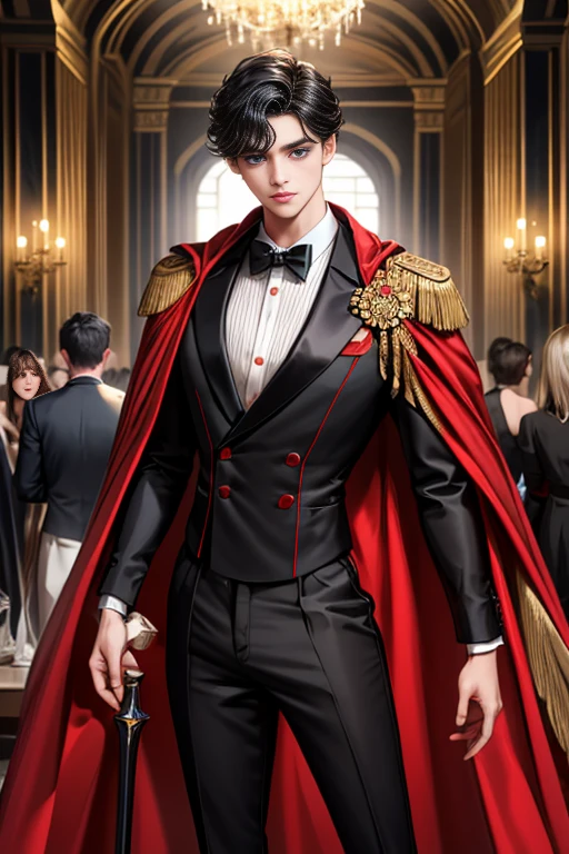 masterpiece, 最high quality, high quality, 1 boy, alone, Male focus, Watching the audience, Messy black hair, Adorable big blue eyes, White, Noble, Noble,A black and red cape that is bursting with sexy volume、Tuxedo、A very voluminous, large, very large, very large, long, long red and black cape with a high stand-up collar, made of a lot of fabric that reaches down to the floor., 17 years old,Cute beautiful boys,Cute, cute, kind, handsome guy
