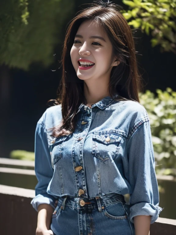 Highest quality, masterpiece, Ultra-high resolution, 8k, immature, (Like the picture:1.4), Professional Lighting, ((1 girl)), (Detailed Background:1.5), Waterfall Background, Ezvian Everywhere, thin, Dynamic pose, cute, Laughter, Small breasts, Detailed clothing, crop_wonderful, (Tight denim pants)、Denim wear、Dark brown long hair、