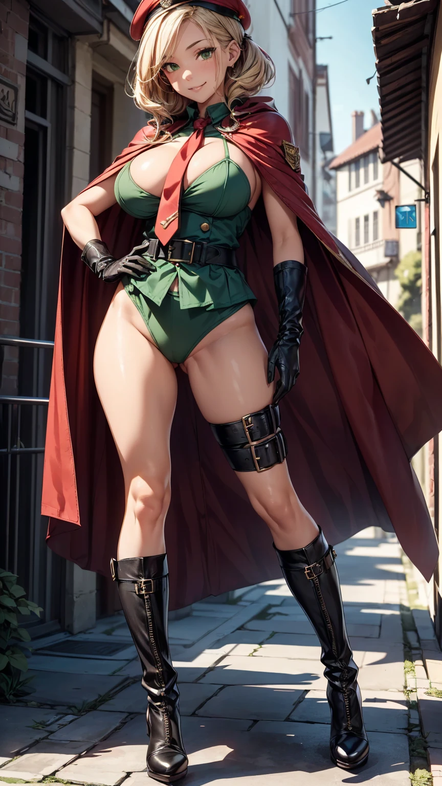 An adventurer guild clerk girl, y body, bigig hip, ((green clerk outifit, red necktie, green beret, cape, leather gloves, leather high heels boots)), (short hair, low brown braided-twintail hairstyle: 1), (brown eyes: 1), smiling, beautiful face, detailed face, very detailed, beautiful eyes, full body, full body shot, high quality, detailed background, high resolution, 8k resolution, ultra high detail, beatiful skin, perfect body, perfect anatomy, adventurer guild background,