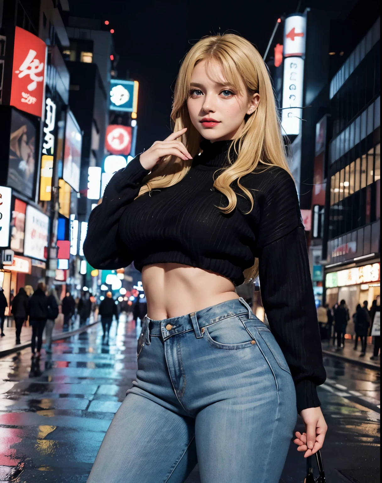 1girl, (Blue Eyes), (smiling :1.2), (Sana Minatozaki), wide hips, (big tits :1.2), (big ass), (thin waist), (thick thighs), (Best Quality, 8k, Masterpiece: 1.3), Clear Focus: 1.2, Perfect Body Beauty: 1.4, (strong abs), Highly detailed face and skin texture, detailed eyes, double eyelids, (toned body :1.2), red lips, (long blonde hair :1.2), ((black sweater :1.2)), (jeans :1.1), standing, dynamic pose, in a Tokyo neighborhood at night, buildings with colorful signs, wet street