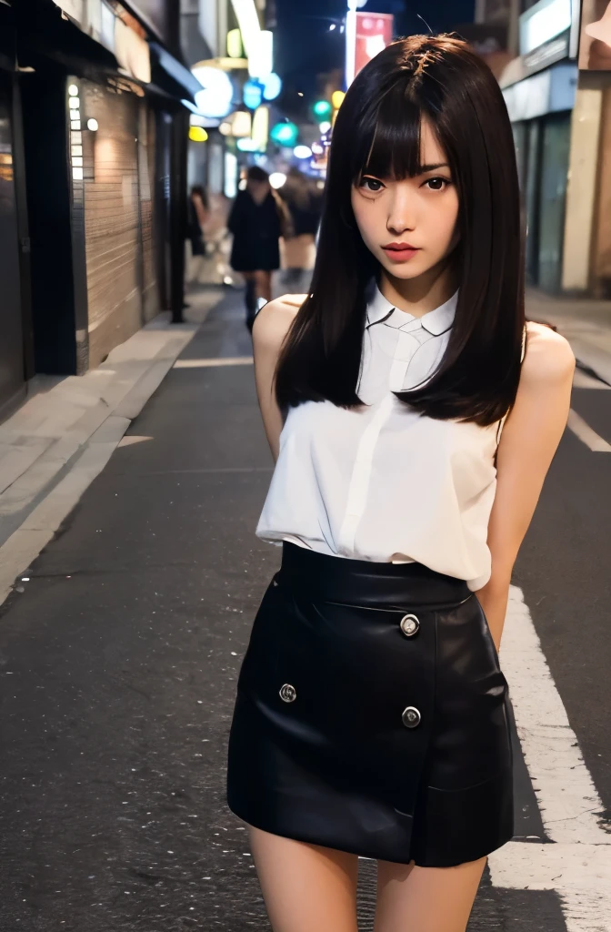 (((best quality))),1 female,slender face,(((arms behind))),(((cool beauty))),Black Hair,Brown Eyes,medium hair,straight hair,small breasts,looking at viewer,bed,25 years old,No pubic hair,Height: 160cm,(full body),blouse,Standing in a busy street at night,mini skirt,Provocative look,bangs