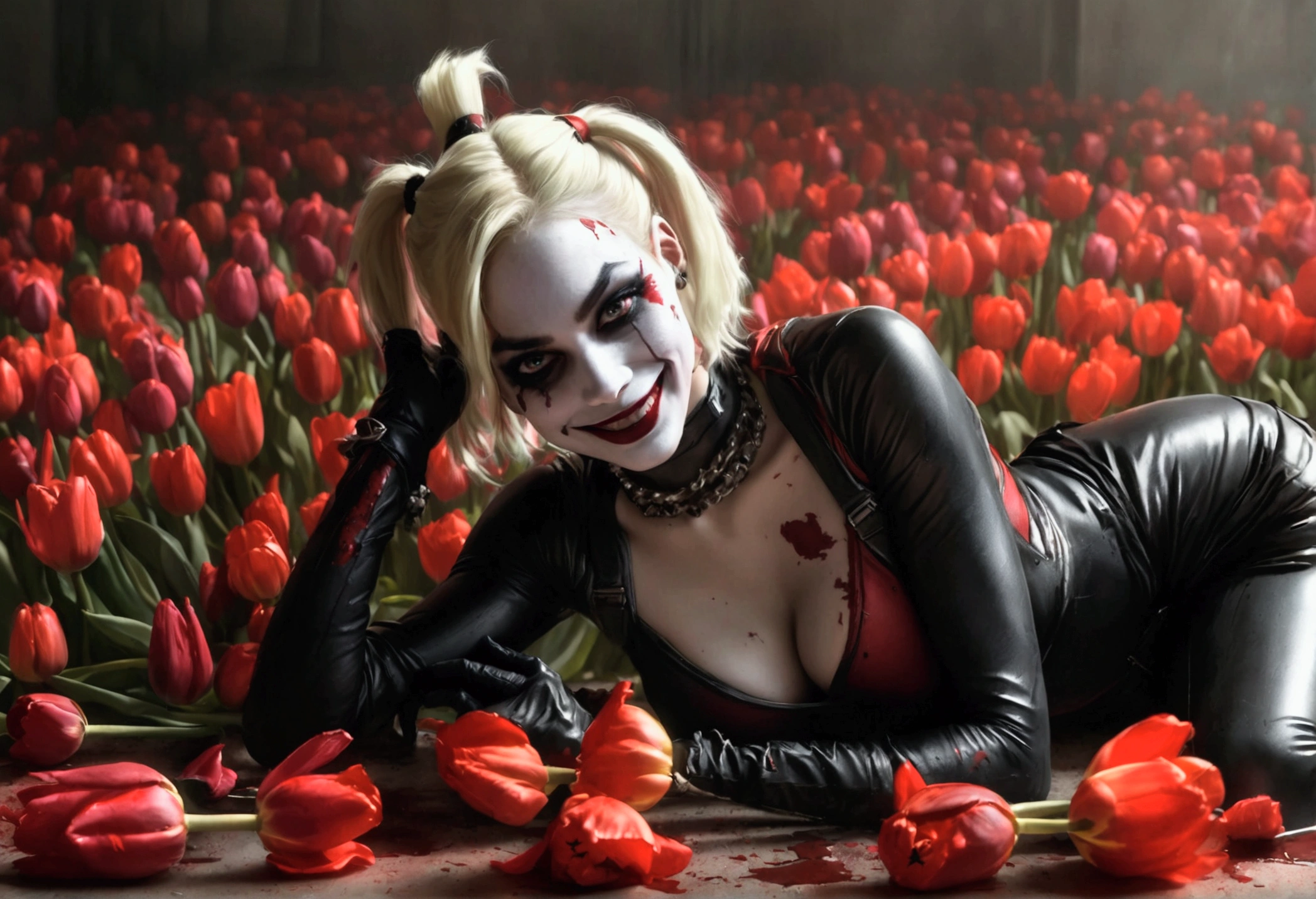 Harley Quinn, hyper realistic, extremely revealing outfit black and red, classic makeup, battered and bruised, crazy happy look, lying on a bed of tulips, weapons nearby, holding a bloody tulip