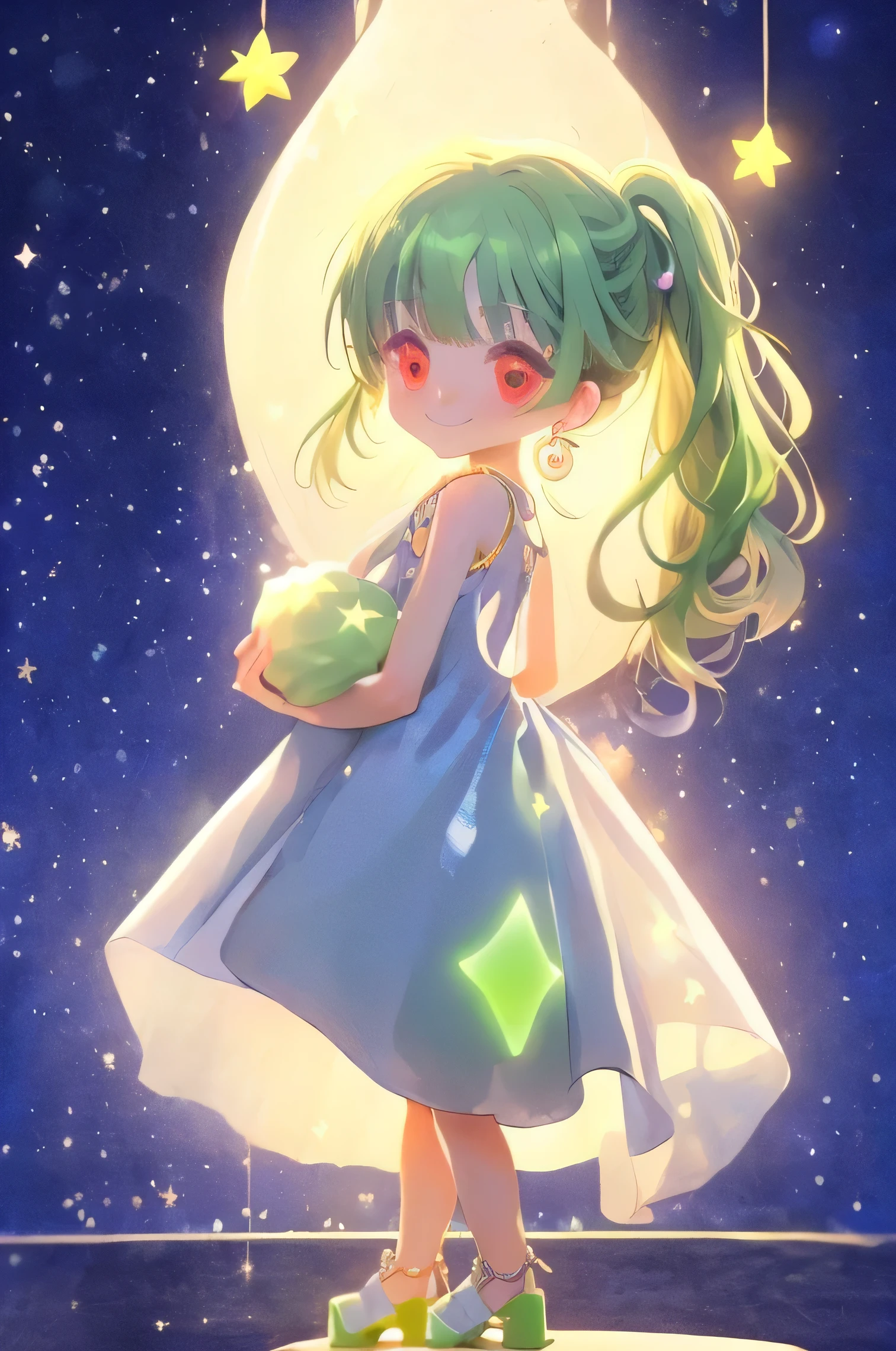 (best quality, masterpiece:1.2), sparkle, back lighting, side view, stars, smirk, Mitsuhara-Cream, red eyes, ((hugging own legs)), (lime green hair), (swept bangs), long twisted side fringe, long high ponytail, long hair, silver heart shaped necklace on chest, wearing plain white sleeveless mini dress, tan sandals, 