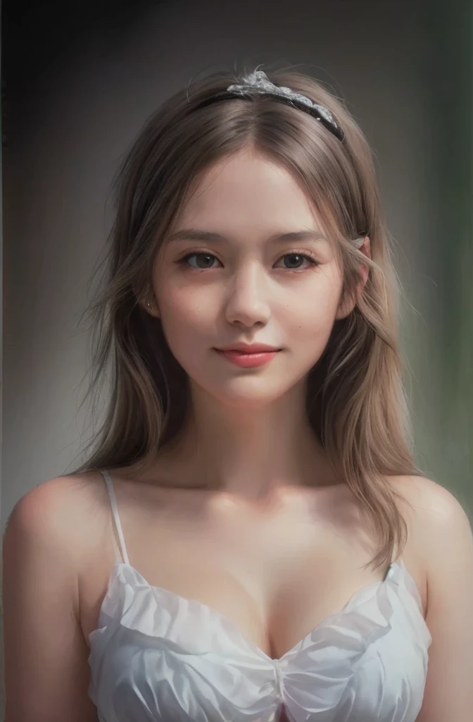 Front-lit portrait、Don't tilt your face、A slightly smiling expression、White knit、Large Breasts、The front hair is up、Arms are lowered