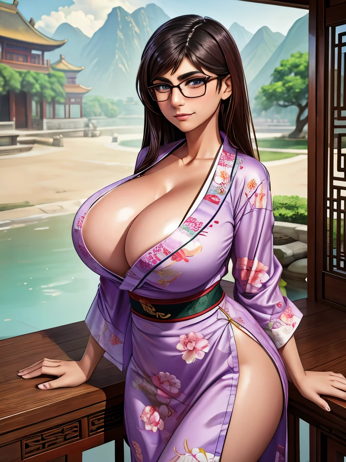 mia khalifa sexy, sexy china clothes, china landscape background, big tits, yukata for sexy women, glasses