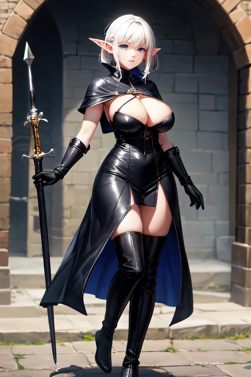 4k,hight resolution,One Woman,elvish,greyt hair,Longhaire,big breast, blue eyes,Mage dress made of black leather,Black leather gloves,Long boots in black color,The rapier,in medieval village