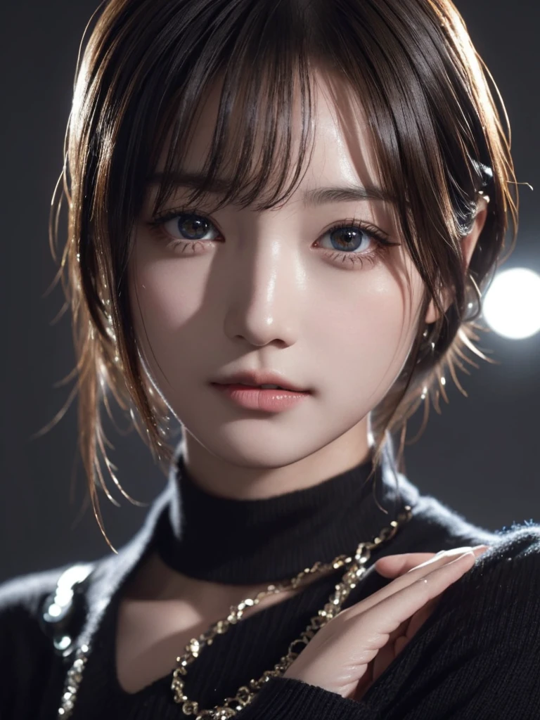 masterpiece, 1 beautiful girl, detailed, Swollen eyes, highest quality, 超A high resolution, (reality: 1.4), original photo, 1 girl, movie lighting, (laughter:0.6), Japanese, Asian Beauty, Korean, Proper, very very beautiful, a little young face, beautiful skin,orange hair、 slender and big, black sweater、cyberpunk background, (Ultra-realistic), (enlightenment), (High resolution), (8k), (Very detailed), (The best enlightenmentns), (Beautifully detailed eyes), (Super detailed), (wallpaper), (Detailed face), looking at the viewer, Detailed, detailed face、deep shadow、Inconspicuous、Pure face ace_v1、46 point diagonal bangs、look straight ahead、neat clothes、black eyes、