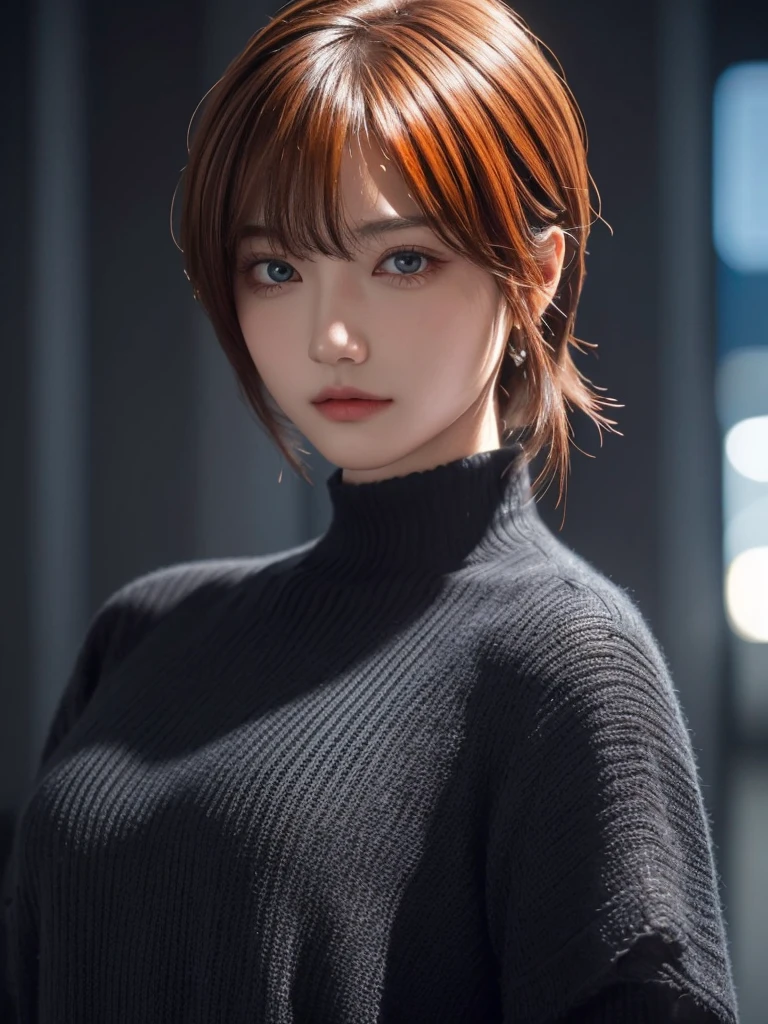 masterpiece, 1 beautiful girl, detailed, Swollen eyes, highest quality, 超A high resolution, (reality: 1.4), original photo, 1 girl, movie lighting, (laughter:0.6), Japanese, Asian Beauty, Korean, Proper, very very beautiful, a little young face, beautiful skin,orange hair、 slender and big, black sweater、cyberpunk background, (Ultra-realistic), (enlightenment), (High resolution), (8k), (Very detailed), (The best enlightenmentns), (Beautifully detailed eyes), (Super detailed), (wallpaper), (Detailed face), looking at the viewer, Detailed, detailed face、deep shadow、Inconspicuous、Pure erotic face ace_v1、46 point diagonal bangs、look straight ahead、neat clothes、black eyes、