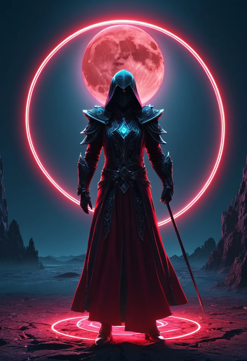 2 Red Magic Circle, Necromancer, (alone), alone,Are standing_Split, Full Moon, Ray Tracing, masterpiece, highest quality, super high quality, Absurd detailed, best Light, Best Shadow, sharp, sharp image, detailed, extremely detailed, Amazing resolution, 8k, 4K, Ultra-high resolution, Particle Effects, Beautiful Effects, Vibrant colors, neon Light, neon, Light,
